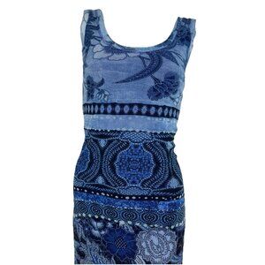 Xs Fuzzi Indigo mesh Shibori Floral Print dress Resort Beach Stretch